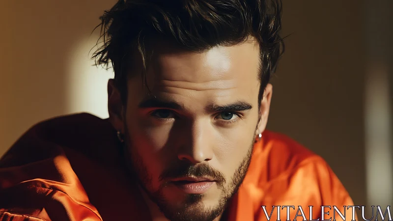 Male subject portrait in warm light with orange clothing.