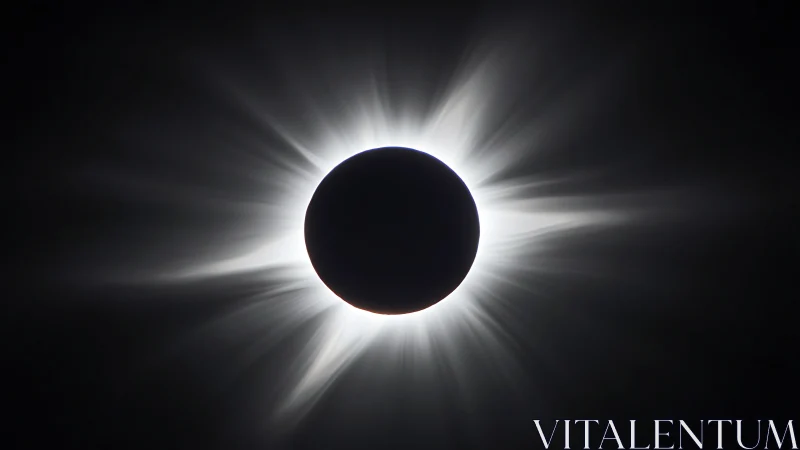 Solar eclipse corona with radial luminance flares exposed.