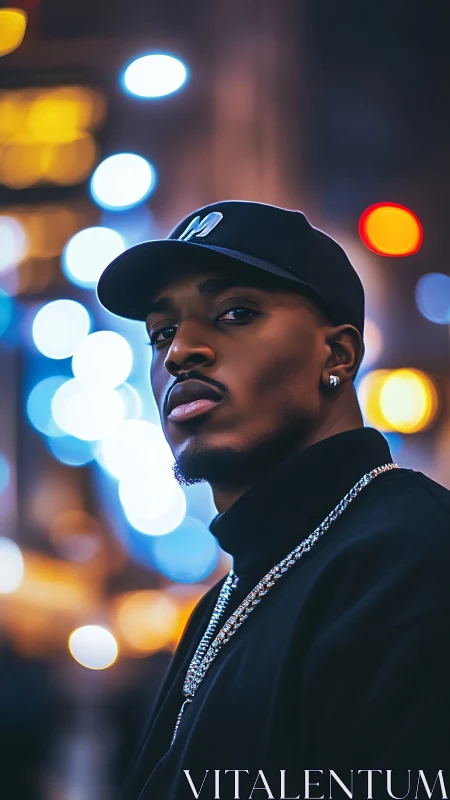 Night street portrait with neon bokeh depth-of-field isolation.