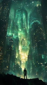 Solitary human figure surveying dense neon megacity skyline.