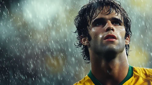 Rain-soaked football dreamer beneath stadium stormlight.