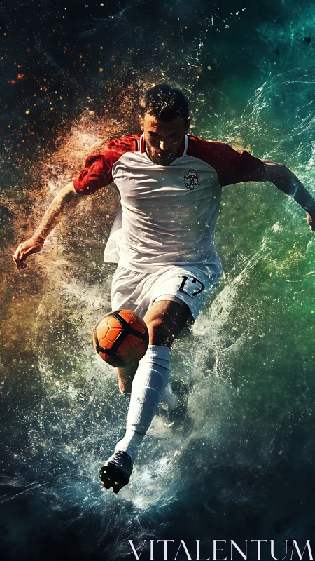 Dynamic soccer striker in splash-infused dramatic motion design