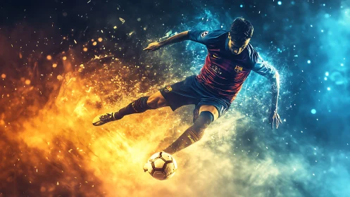 Bifurcated chromatic soccer volley with fire‑ice particle field.