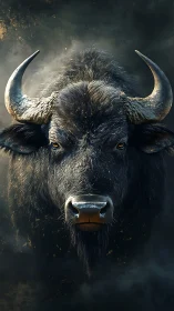 Frontal close-up of horned buffalo head in dark setting.