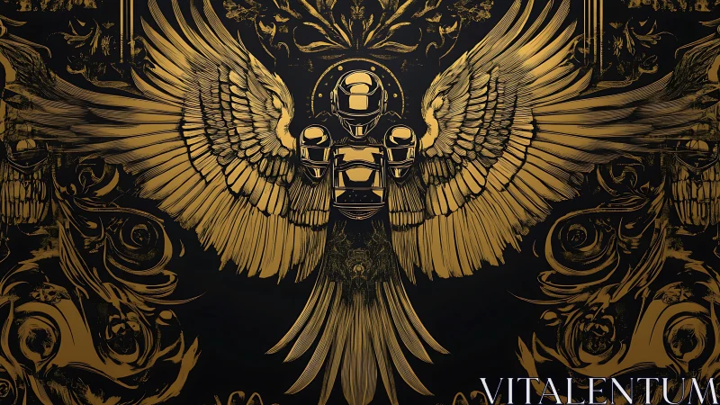 Gilded cybernetic seraph with articulated wings on black field
