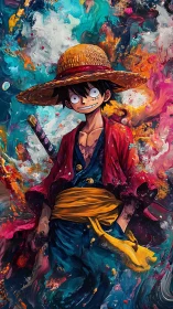 Vibrant anime pirate amid swirling abstract color storm.