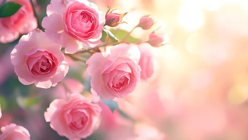 Pink garden roses displaying full bloom morphology with soft bokeh background rendering.