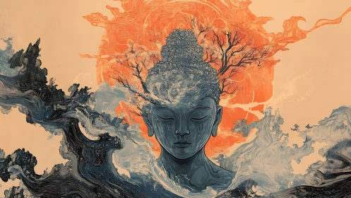 Meditating Buddha head merges with abstract waves and trees