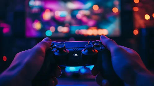 Close view of game controller against blurred neon screen.