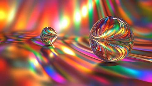Two reflective glass spheres rest on multicolored surface
