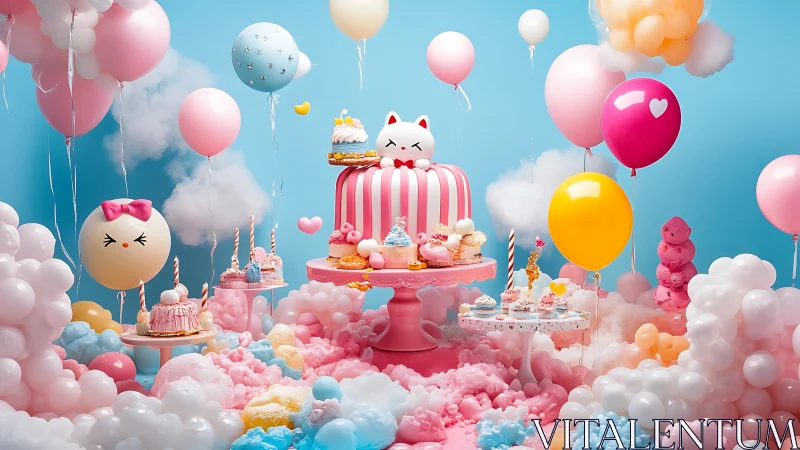 Whimsical 3D Rendering of Elaborate Birthday Cake Display with Anthropomorphic Cat Character and Vol