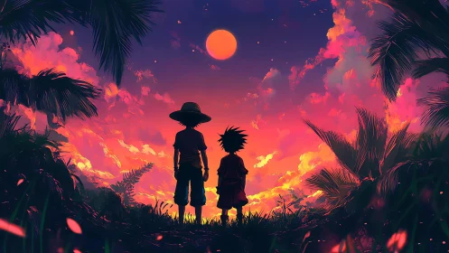 Sunset jungle silhouettes frame two children under crimson moon.