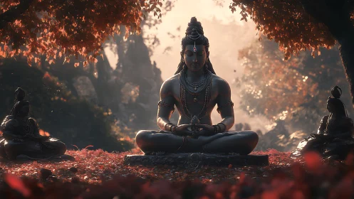 Serene Shiva statue meditation in autumn forest setting.