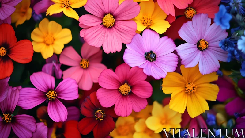 Vibrant Cosmos Flower Garden with Golden Centers in Saturated Color Palette.
