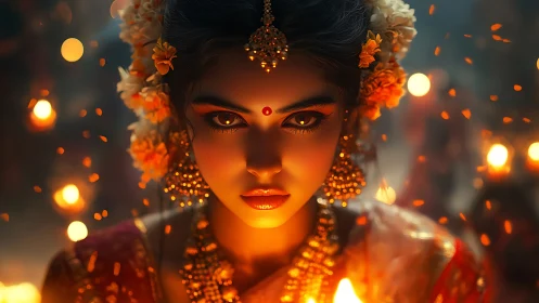 Incandescent portrait of adorned woman with cinematic bokeh and ember glow