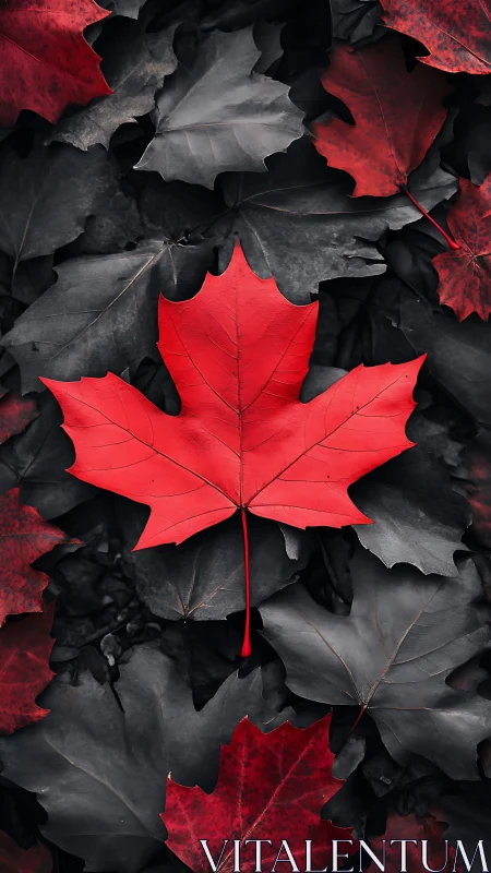 Red maple leaf on monochrome foliage background surface.