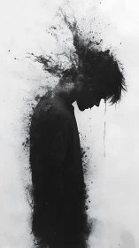 Silhouetted figure dissolves into abstract ink fragments