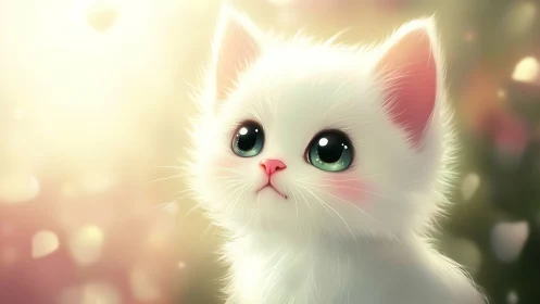 White cat with green eyes and pink inner ears against soft bokeh background.