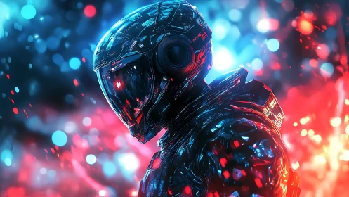 Neon-lit cyber soldier stands amid glowing blue and red flares.