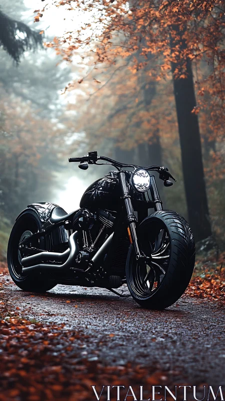 Custom black motorcycle stands on misty autumn forest road.