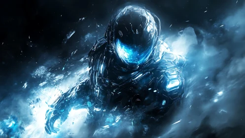 Starlit frost warrior erupts from cosmic stormfront haze.