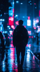 Neon rainwalker glows against electric midnight city haze.