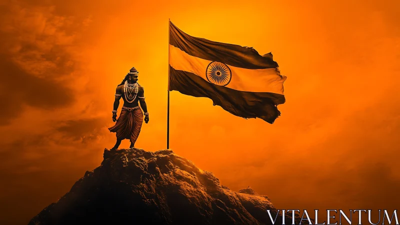 Heroic figure and Indian flag glowing in a golden sky.