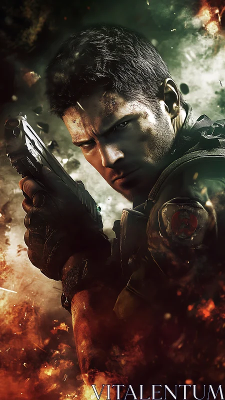 Battle-hardened soldier amid erupting inferno and smoke.