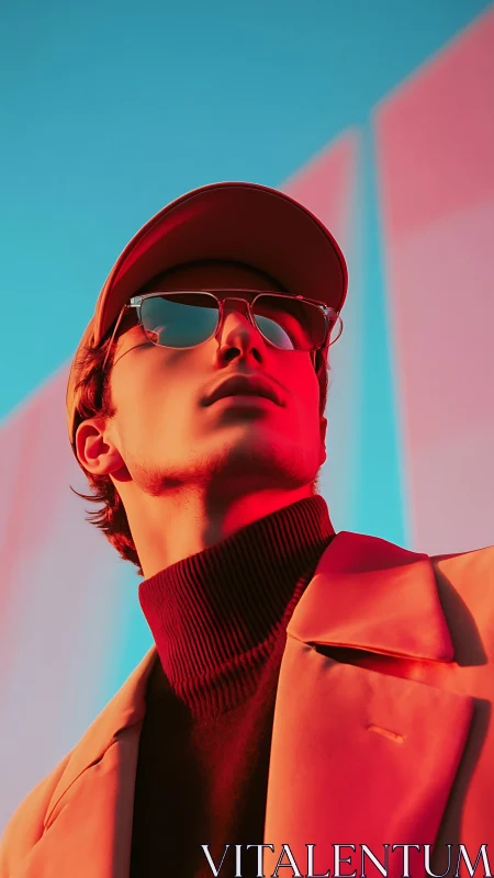 Portrait of person in cap under red and cyan lighting.