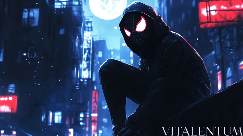 Hooded spider hero perched over neon lit city at night.