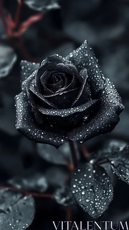 Black rose under dew-soaked petals glistens in darkness.