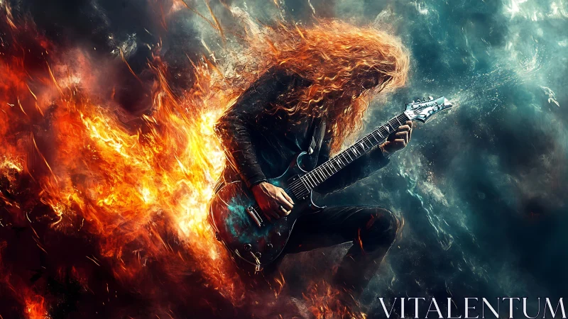 Guitarist with long hair in contrasting fire and smoke field.