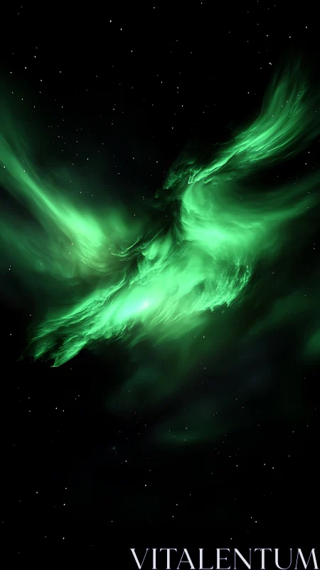 Celestial emerald phoenix swirling in a silent starfield.