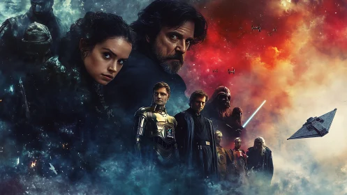 Epic sci fi character collage with space battle backdrop.