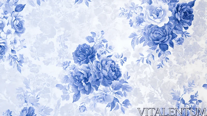 Soft blue floral wallpaper with vintage porcelain charm.