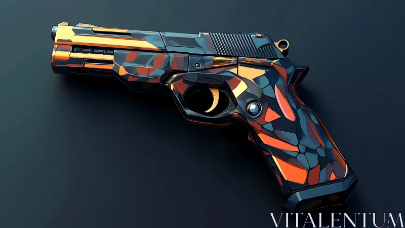 High-poly stylized pistol with orange-black tessellated coating