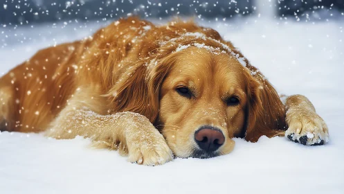 Golden retriever resting peacefully in a gentle winter snow.