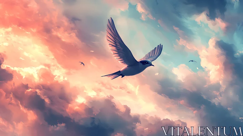 Seabird in midflight against diffuse pastel cloudscape.