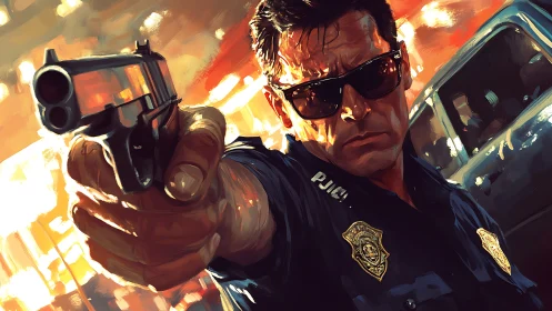 Heatwave cop showdown framed in blazing cinematic tension.