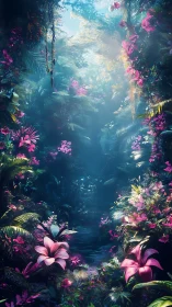 Luminous tropical jungle corridor with neon floral canopy.