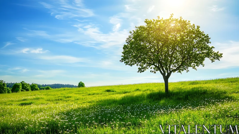 Sunlit hillside tree in a quiet meadow of soft blooms.