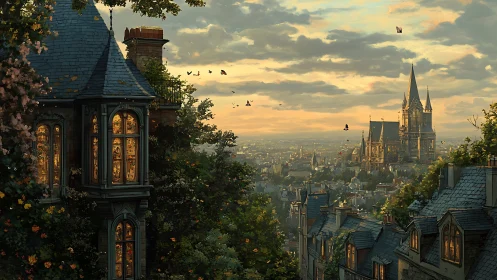 Evening windows whisper over a storybook cathedral skyline