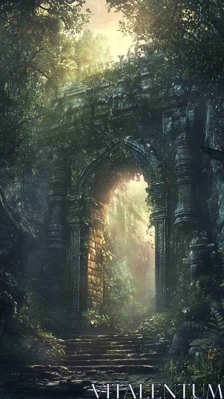 Ancient jungle stone gate opens into luminous mystery.