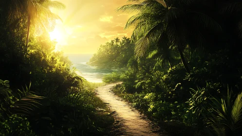 Sunstruck jungle path wandering toward a secret cove.