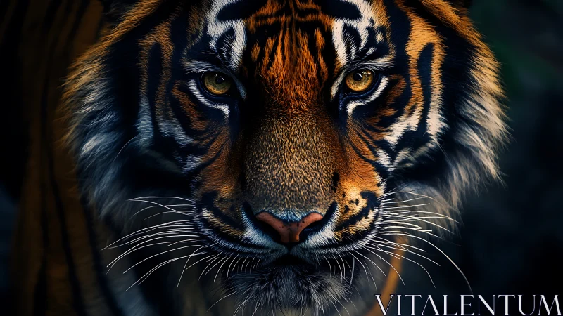 Golden-eyed tiger gazes calmly with quiet, powerful focus