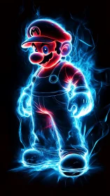 Neon-charged cartoon hero rendered in electric blue light.