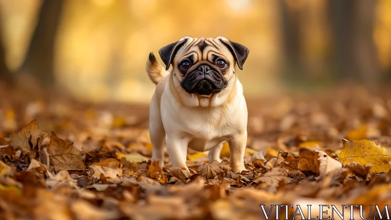 Small autumn pug patrols a golden sea of crunching leaves