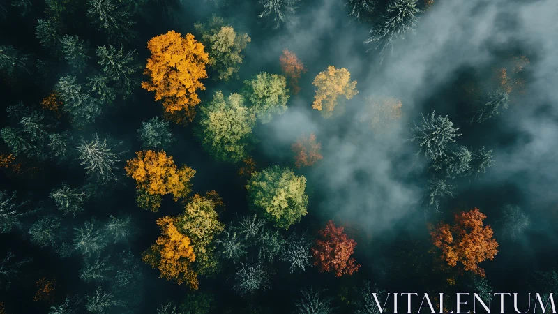 Autumn forest canopy from above in drifting morning fog.