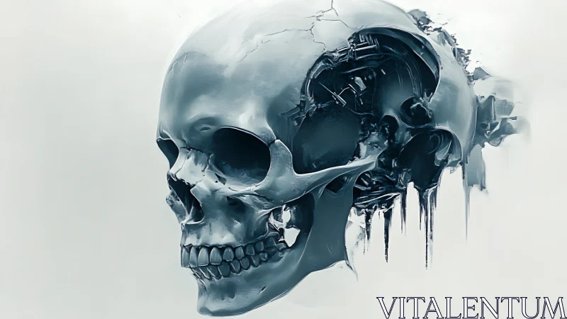 Fragmented metallic skull with exposed internal structures.