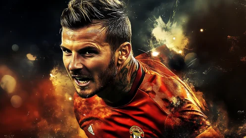 Digital portrait of football player in motion with effects.